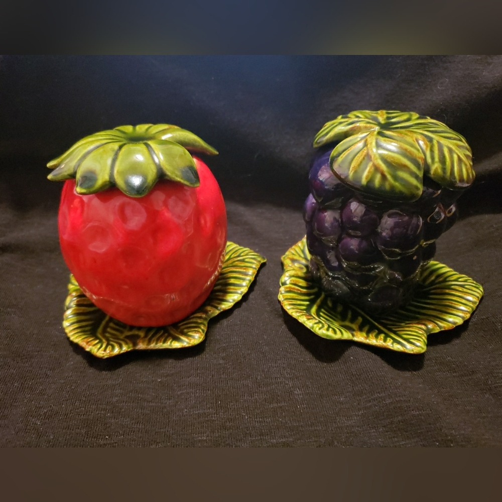 Vtg Strawberry  Grape Jam Jelly Lidded  Pot Decor No Spoons Marked EE '66